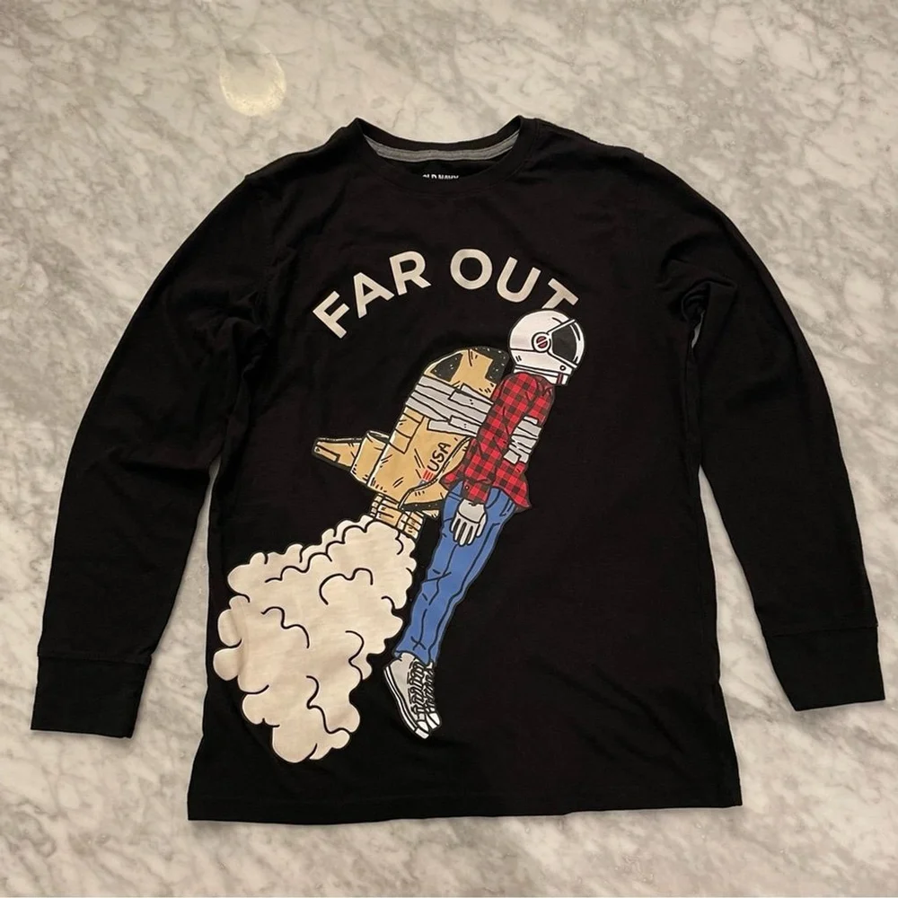 Old Navy Far Out Graphic Black Long Sleeve T-Shirt XL (14-16)